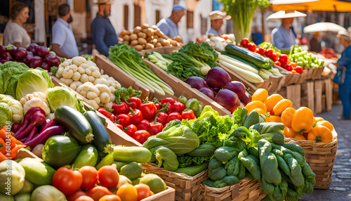 Fresh vegetables at a street organic food market. farm shop fruits, vegetables on the street on a sunny day,