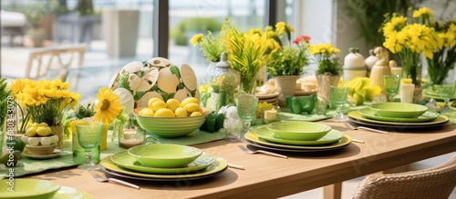 At the Easter event, amidst the vibrant spring blooms and cheerful chirping of birds, the exquisitely designed table with a wooden centerpiece showcased a concept of celebration. The colorful display
