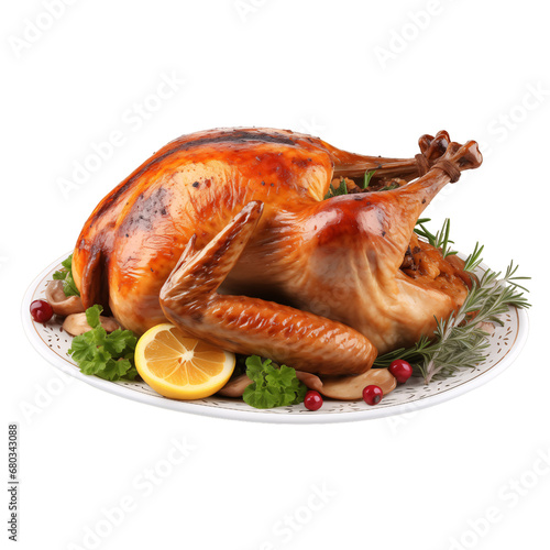 Thanksgiving turkey dish on a plate garnished with lemon, Cherie tomato and herbs isolated