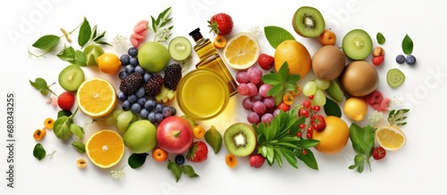 In a carefully curated concept  a top view of a mockup displays a white background adorned with a variety of vibrant fruits and plants  depicting the essence of health  beauty  and natural skincare