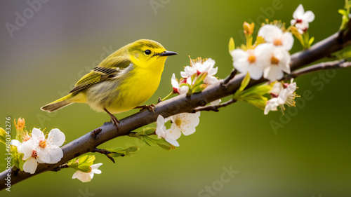 A vibrant Wilson’s Warbler perched on a blooming branch. AI Generative.