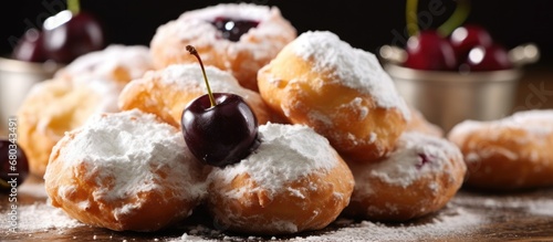 The homemade zeppole, a delicious sweet dessert typically enjoyed for breakfast or on Saint Josephs Day, is topped with black cherry for added flavor. photo