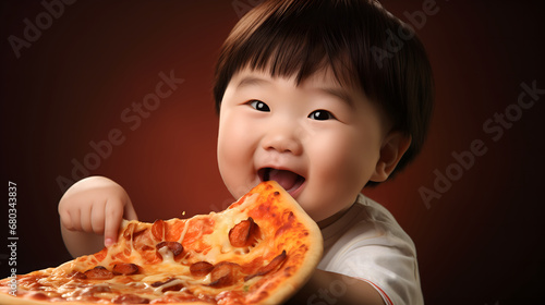 Chinese baby eating slice of pepproni pizza