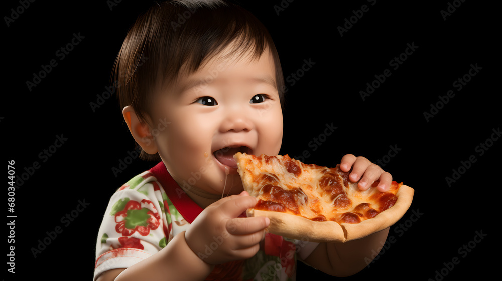 Cute chinese baby eating slice of italian pizza Cute chinese baby eating slice of italian pizza