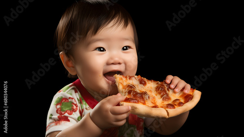 Cute chinese baby eating slice of italian pizza