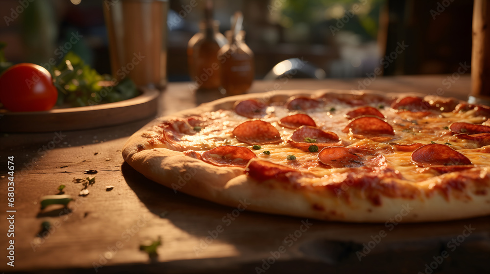 Delicious pepperoni pizza under wooden table