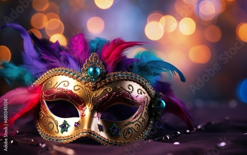 Mardi Gras poster. Banner with a Venetian mask for men and feathers, on blurred background. Costume party flyer for masquerades. Bokeh, de focus. AI Generative