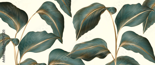 Background with tropical leaves of dark green color with golden line elements. Botanical art poster for design of print, banner, textile, wallpaper, interior design, packaging.
