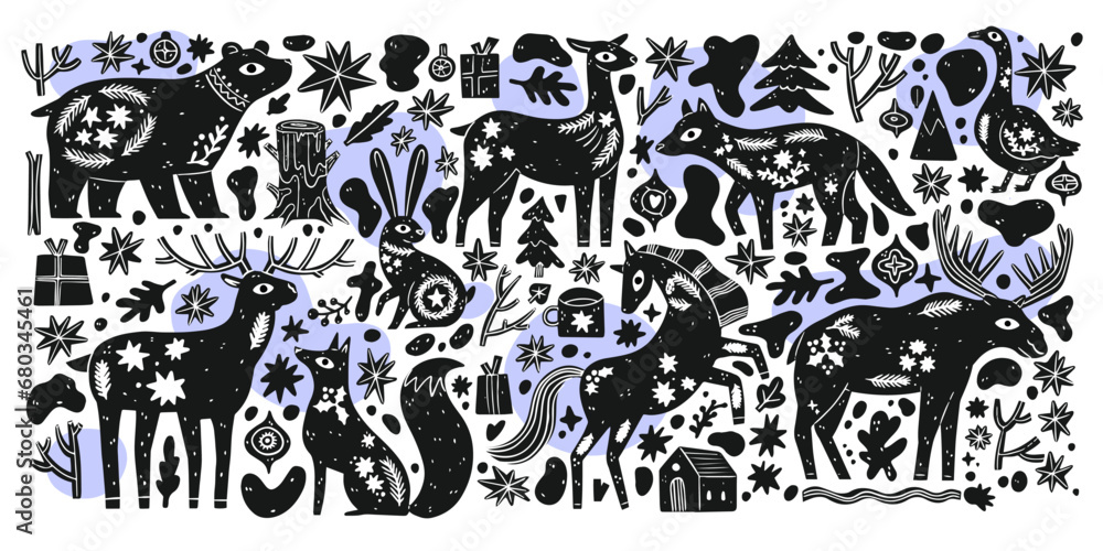 Simple Scandinavian wild animal with winter details. Animal art. Retro floral doodle. Apparel print. Plant blossom. Black silhouette. Vector vintage. Bear, hare, fox, deer, wolf.Fashion nordic graphic Simple Scandinavian wild animal with winter details. Animal art. Retro floral doodle. Apparel print. Plant blossom. Black silhouette. Vector vintage. Bear, hare, fox, deer, wolf.Fashion nordic graphic