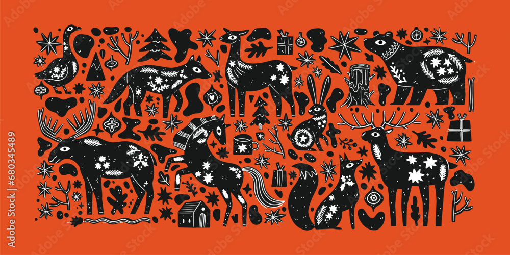 Simple Scandinavian wild animal with winter details. Animal art. Retro floral doodle. Apparel print. Plant blossom. Black silhouette. Vector vintage. Rabbit, fox, bear, deer.Fashion nordic graphic
