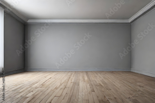 a wooden laminate flooring in front of a light grey wall background