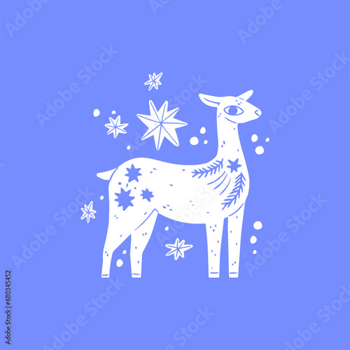 Simple Scandinavian doe with winter details. Blue and white animal  greeting card. Monochrome hygge kids illustration