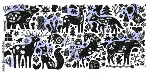 Simple Scandinavian wild animal with winter details. Animal art. Retro floral doodle. Apparel print. Plant blossom. Black silhouette. Vector vintage. Bear, hare, fox, deer, wolf.Fashion nordic graphic