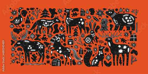 Simple Scandinavian wild animal with winter details. Animal art. Retro floral doodle. Apparel print. Plant blossom. Black silhouette. Vector vintage. Rabbit, fox, bear, deer.Fashion nordic graphic