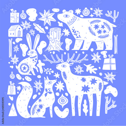 Simple Scandinavian wild animal with winter details. Animal art. Retro floral doodle. Apparel print. Plant blossom. Black silhouette. Vector vintage. Rabbit, fox, bear, deer.Fashion nordic graphic