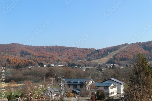 Majestic mountain forest and ski slopes in the beautiful autumn landscape in nagano Japan.