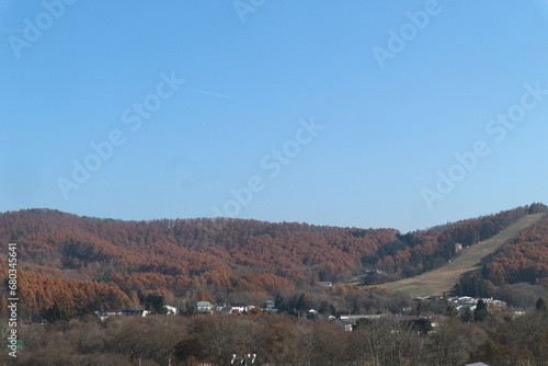 Majestic mountain forest and ski slopes in the beautiful autumn landscape in nagano Japan.