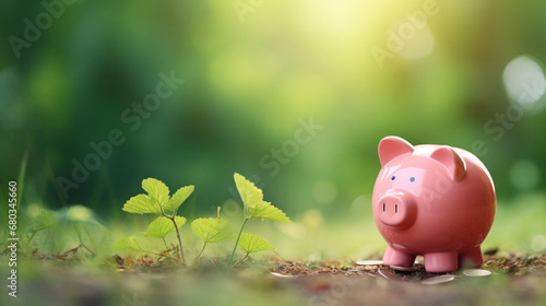 Pink piggy bank background with coins on grass with green nature blurred background. Financial savings concept. Innovative AI.
