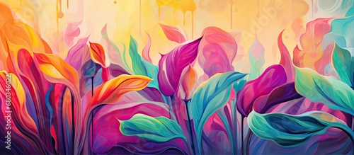 The background in this abstract art illustration features a vibrant pattern of green leaves and a rainbow, creating a textured and energetic nature-inspired scene. The use of light and digital effects