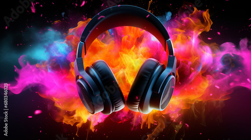 Music headphones background with color explosion on black background. Colorful art background, music, 3D texture. Innovative AI.