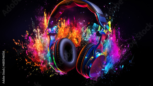 Music headphones background with color explosion on black background. Colorful art background, music, 3D texture. Innovative AI.