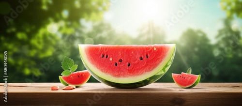 summer sun, a sweet watermelon sits on a wooden table. Cut into sections, the circular fruit with its succulent red flesh is a refreshing treat. The green rind frames the vibrant and juicy watermelon photo