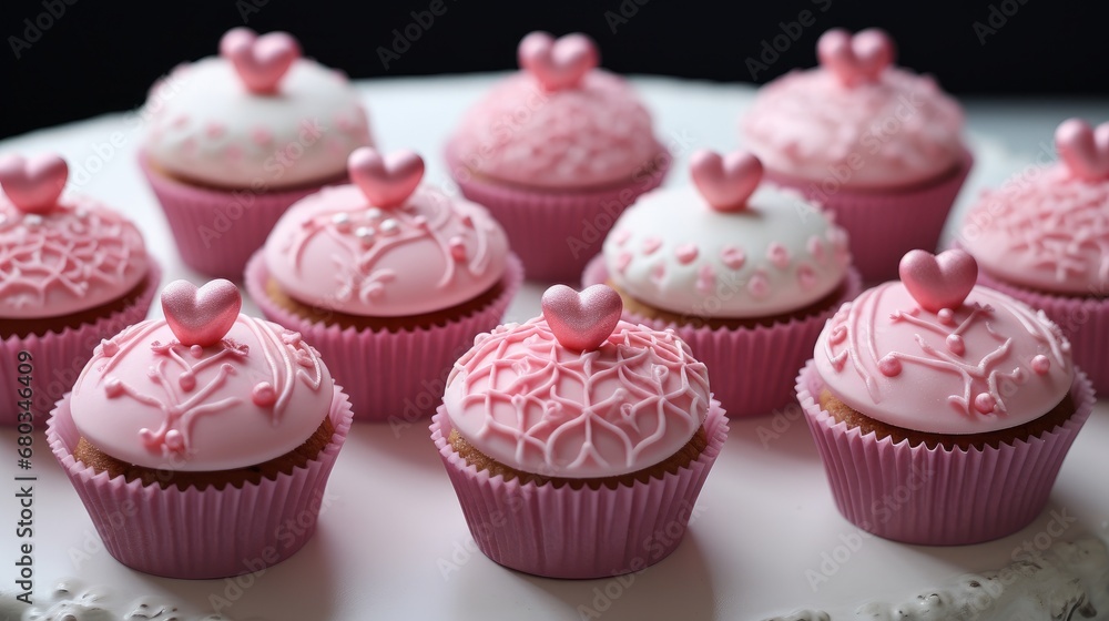 Pink  Valentines Day themed cupcakes   AI generated illustration