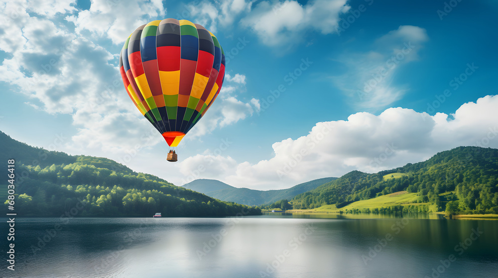 Colorful hot air balloon flying over a lake. Beautiful travel landscape with green hills, blue sky, & white clouds on a sunny day. Copy space. 