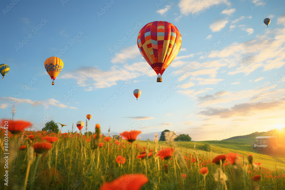 Naklejka premium Colorful hot air balloons flying over a field of red flowers at sunrise against a bright azure sky with white clouds.