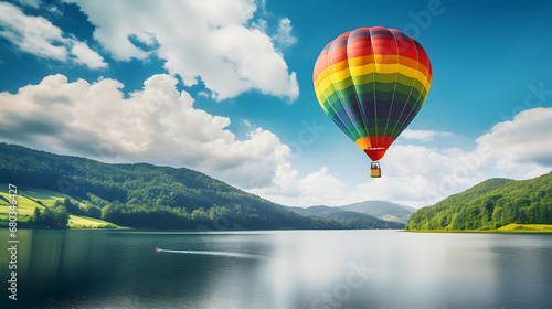 Rainbow colored hot air balloon flying over a lake. Beautiful travel landscape with green hills, blue sky, & white clouds on a sunny day. Copy space. © Giotto