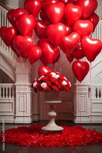 Podium decorated with bright red roses and heartshaped balloons for Valentines Day AI generated illustration