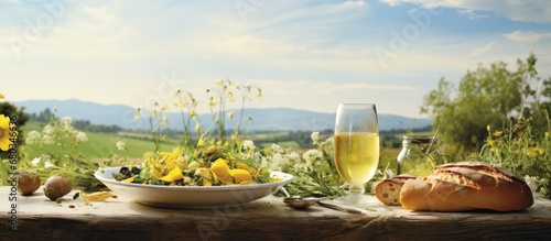 On a white tablecloth, surrounded by a serene spring setting, a plate of healthy food featuring freshly baked bread and a bottle of natural olive oil awaits, perfectly complemented by the vibrant