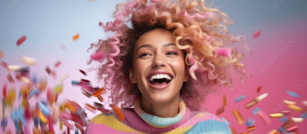 In the photograph, a young adult woman with a sweet and colorful personality is captured isolated against a white background. Her face, adorned with a trendy hairstyle and a playful haircut, lights up In the photograph, a young adult woman with a sweet and colorful personality is captured isolated against a white background. Her face, adorned with a trendy hairstyle and a playful haircut, lights up