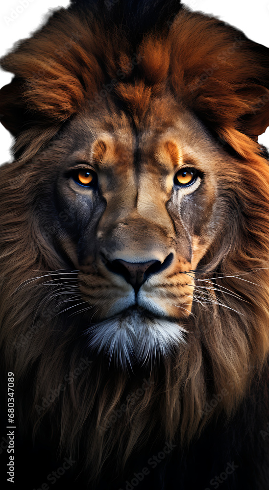 Portrait of a lion face shot isolated on white background	