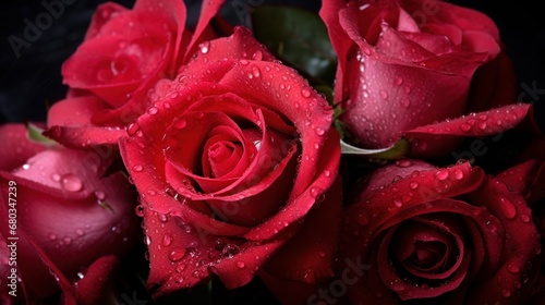 Red and pink roses with dew drops   AI generated illustration