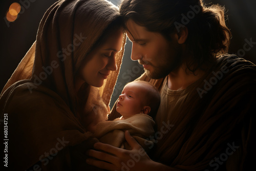Christmas nativity portrait of Mary and Joseph with the baby Jesus in their arms
