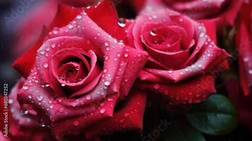 Red and pink roses with dew drops AI generated illustration