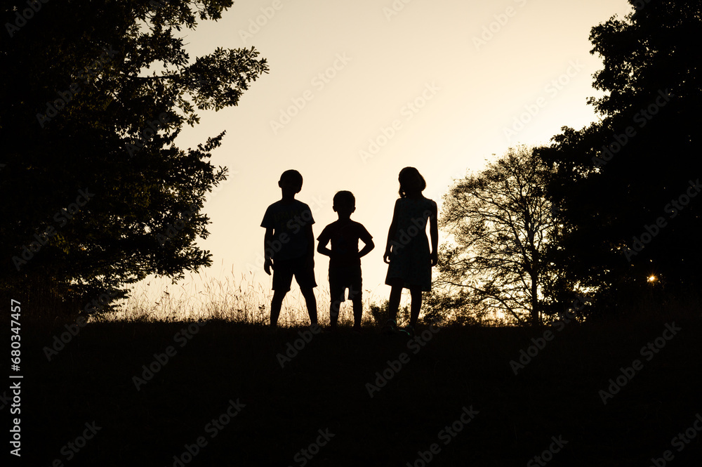 Black shadow silhouette of three kids in the forest, standing together on a sunset sky and trees background. Friendship and adventure memories concept photo. Black shadow silhouette of three kids in the forest, standing together on a sunset sky and trees background. Friendship and adventure memories concept photo.