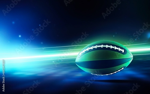 Super bowl poster. Traditional American green football icon with laces and white stripes on dark background. Rugby ball. Blue and green motion rays, light burst. AI Generative