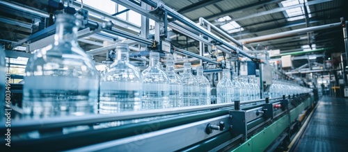 In the bustling factory, state-of-the-art machinery hummed as it manufactured transparent plastic bottles for the beverage industry, using advanced technology to ensure precise manufacturing, while