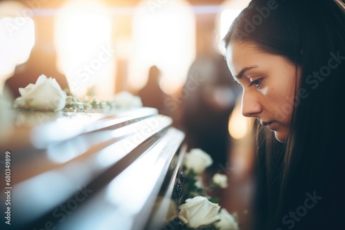 Sad woman at a funeral with flower on coffin after loss of a loved one photo