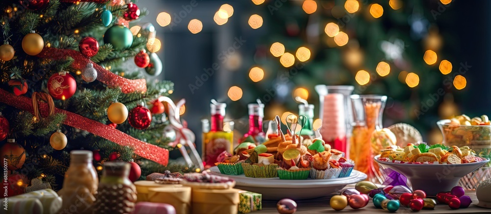 In the background of a festive winter space, a Christmas tree stood adorned with colorful ornaments and wrapped gifts, surrounded by a white and green table filled with delicious food and candy