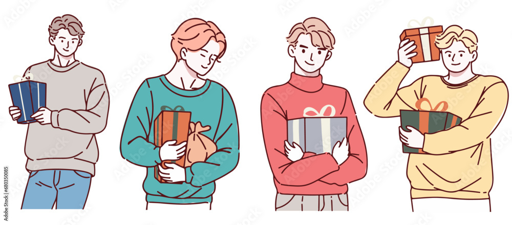 Happy people with Christmas gifts. Set of merry man holding and carrying wrapped New Year present boxes. Giftboxes for winter holidays. Flat vector illustration isolated on white background Happy people with Christmas gifts. Set of merry man holding and carrying wrapped New Year present boxes. Giftboxes for winter holidays. Flat vector illustration isolated on white background