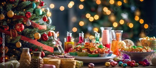 In the background of a festive winter space, a Christmas tree stood adorned with colorful ornaments and wrapped gifts, surrounded by a white and green table filled with delicious food and candy