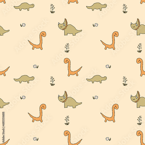 Wallpaper Mural Summer seamless pattern with dinosaurs and flowers. Cute print for tee, paper, textile and fabric. Simple illustration for decor and design. Torontodigital.ca