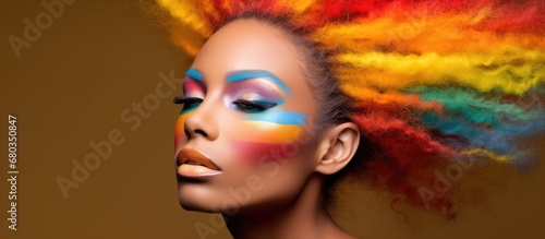 The womans portrait showcased her artistic expression through colorful makeup, with a rainbow of hues highlighting her stunning eye and face, embodying the beauty and creativity at the intersection of