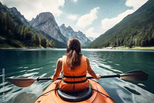 Woman kayaking in lake with beautiful landscape. © anan
