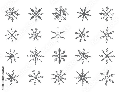 Set of vector snowflake doodles  hand drawn. Snow on a white background. Nice element for Christmas banner  cards. New year ornament.