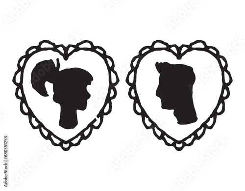 romantic silhouettes of man and woman in doodle style frame