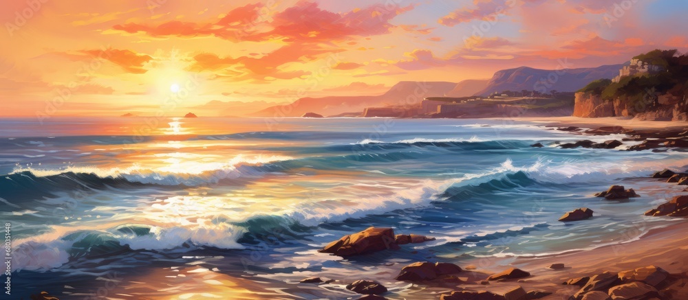 Fototapeta premium As the sun sets over the horizon, painting the sky with hues of orange and pink, the water glistens under the golden sunlight, creating a breathtaking seascape on the coastal cliff of the beach during